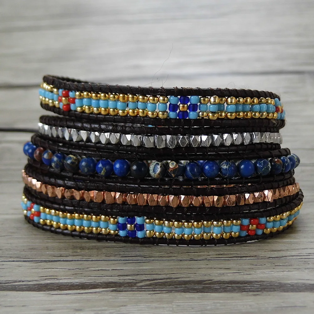 Blue beads bracelet naturalstone beads bracelet 5 wraps beads bracelet leather wrap boho jewelry