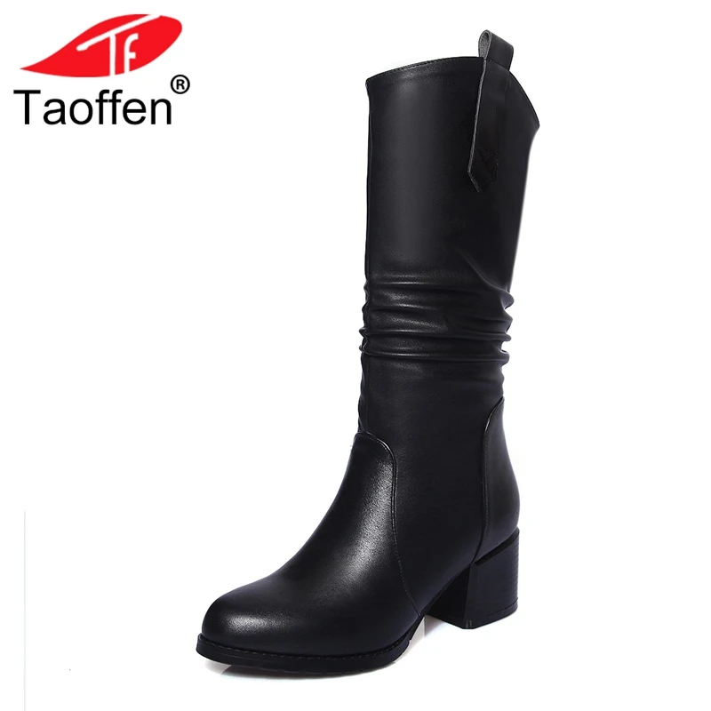 

TAOFFEN Size 33-44 Women Genuine Leather High Heels Boots Plush Warm Winter Women Mid Calf Boots Fashion Office Ladies Footwear