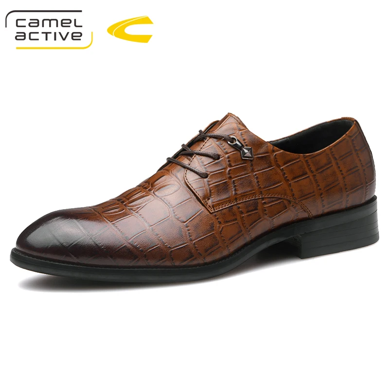 Camel Active New Spring Autumn Men Formal Wedding Shoes Genuine Cow Leather Crocodile Print Party Man Shoes Brown Dress Shoes