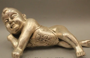 

6"China Chinese Folk Feng Shui Silver Lucky Boy Tongzi Buddha Statue