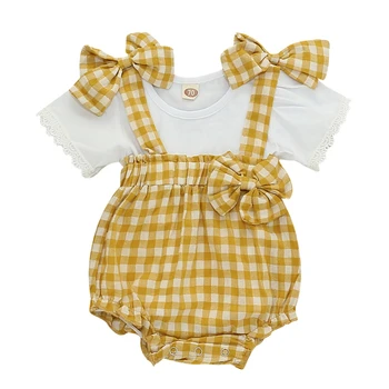 

NewPlaid Cotton 0-24M Cute Summer Baby Girl Casual Short Sleeve Tops T-shirt Plaid Print Strap Shorts With Bowknot Outfits Set