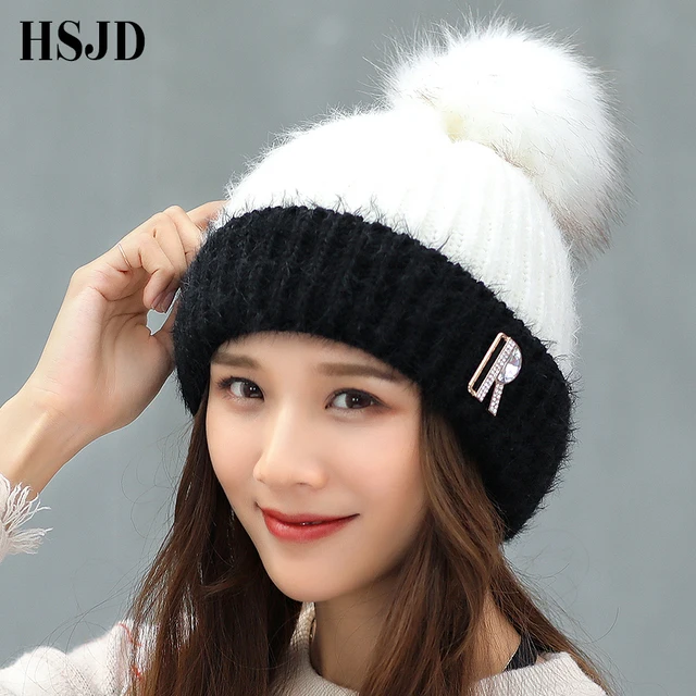 Buy Big Pom Poms Winter Hat Women Double Colors