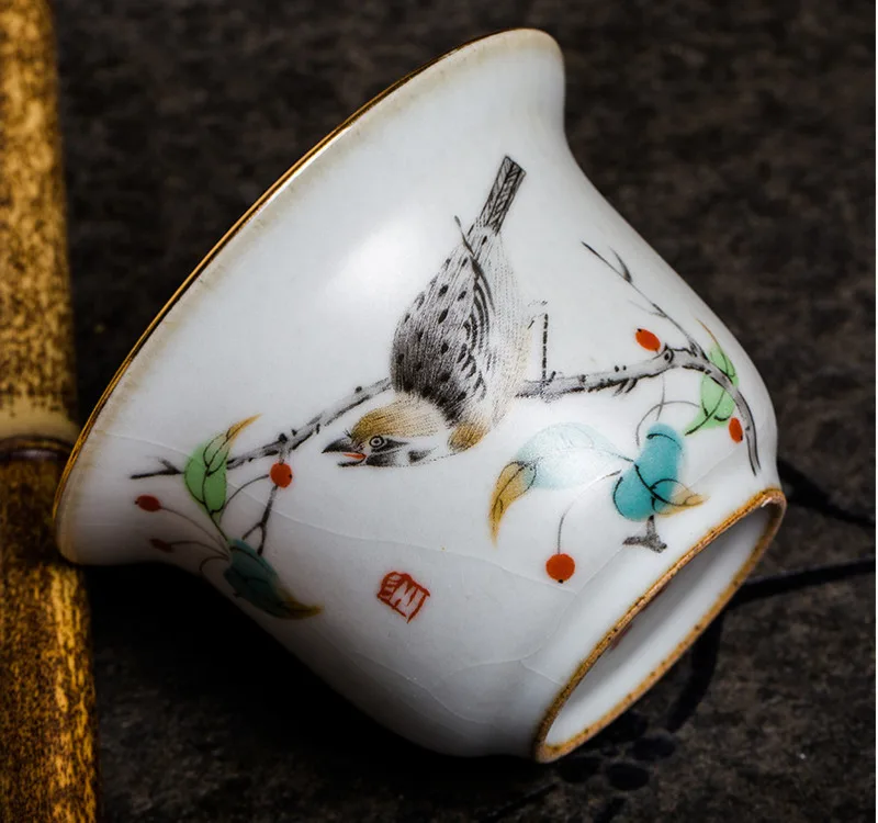 Цзиндэчжэнь, антикварная чайная тарелка, ручная роспись, рисунок птицы, чайная чашка с крышкой, керамическая эмаль, кунг-фу, чайный сервиз, чайная церемония
