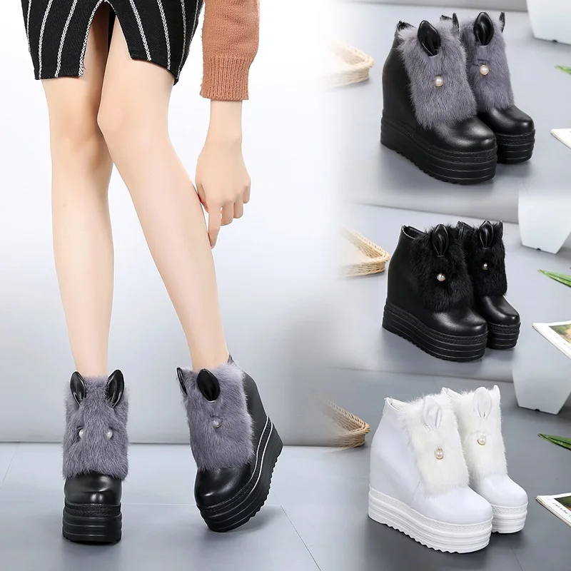 

2018 winter plus velvet women's shoes rabbit fur ears muffin thick bottom with increased wedge heel boots and bare boots.