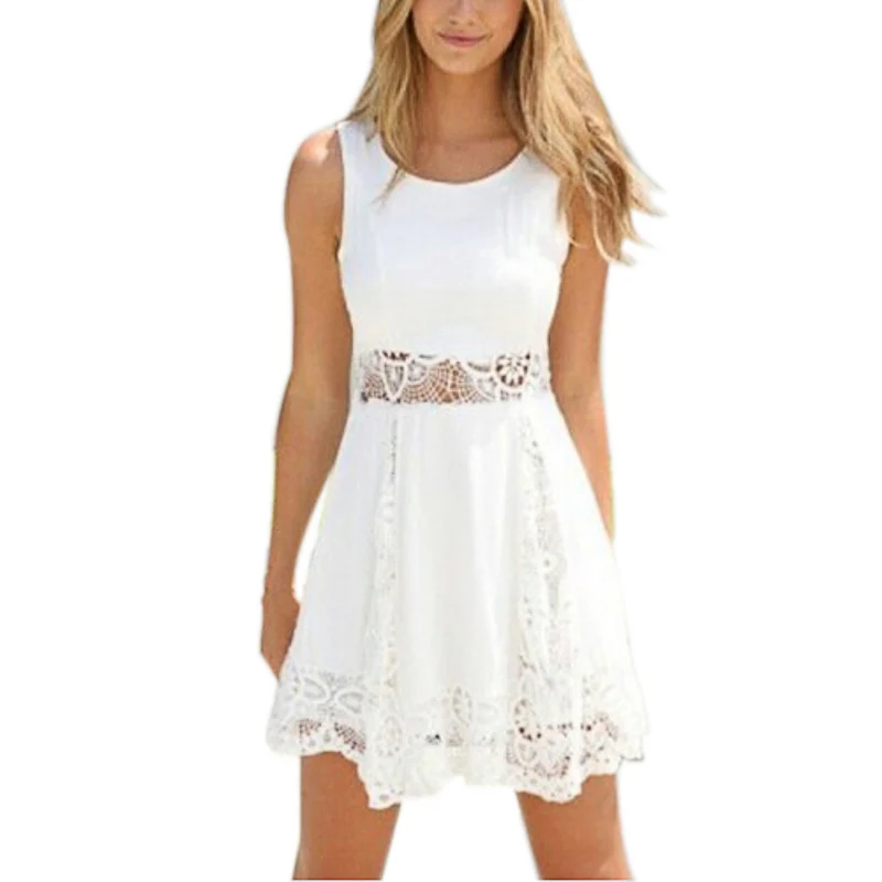 Women Summer Cotton Sleeveless Short Dresses Lace Hollow Out Crew Neck