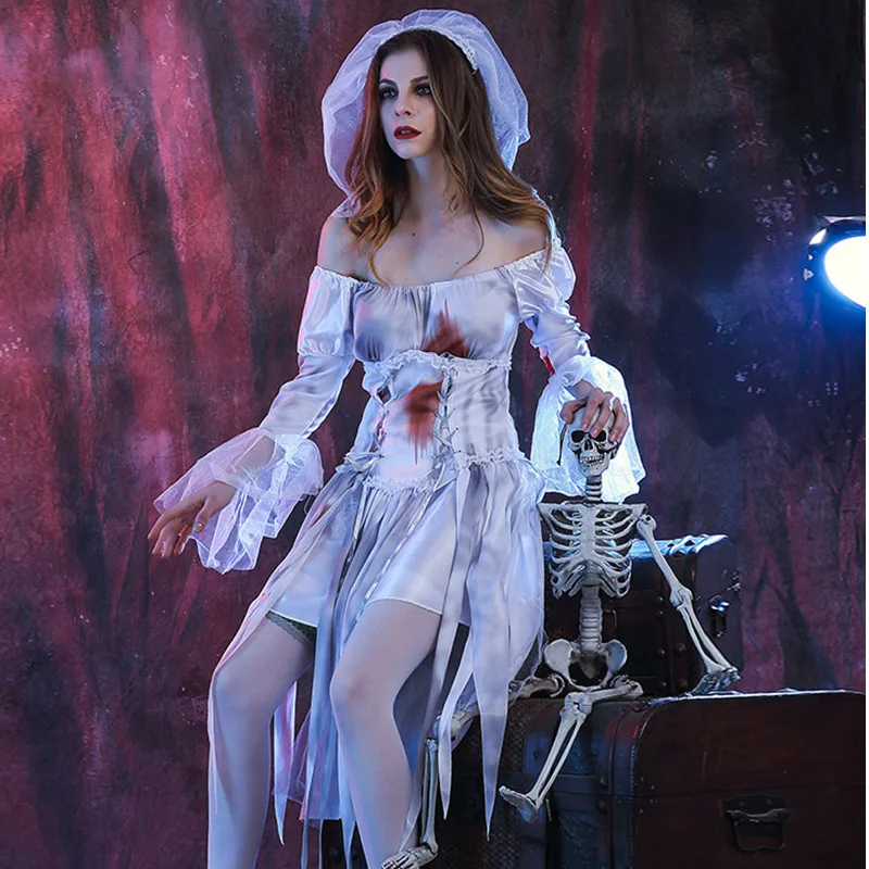 New Bloody Woman Zombie Walking Dead Scary Cosplay Halloween Corpse Bride Costumes Carnival Purim Parade Masquerade Party Dress
