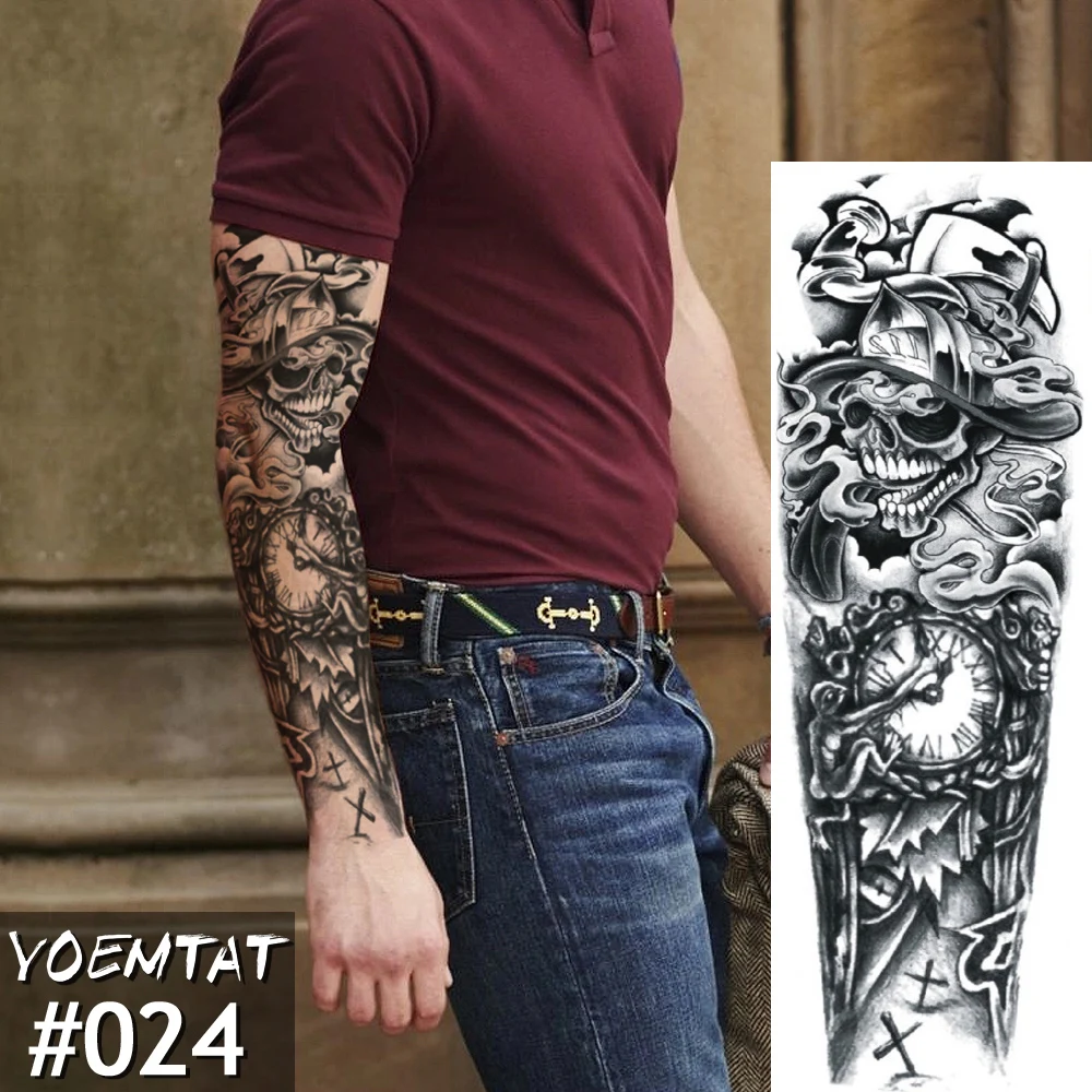 

New 1 Piece Temporary Tattoo Sticker Skull clock Full Flower Tattoo with Arm Body Art Big Large Fake Tattoo Sticker