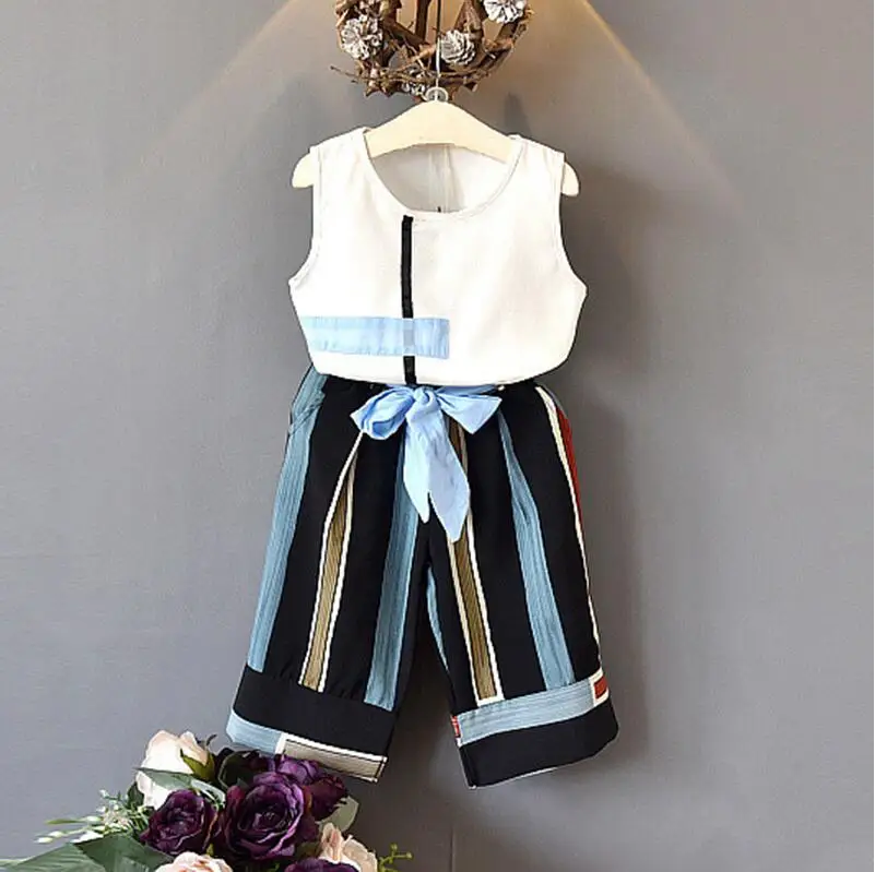 الأطفال الملابس الدعاوى 2019 نمط جديد أكمام قمصان منقوشة نمط السراويل الملابس مجموعات 2 pcs الاطفال عقدة شعر للفتيات الملابس