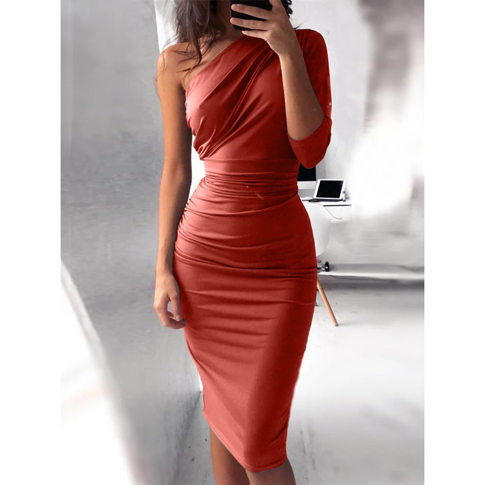 На Одно Плечо плюс размеры для женщин пикантные платья для Bodycon Элегантный Половина рукава по колено Вечерние вечернее платье женщи