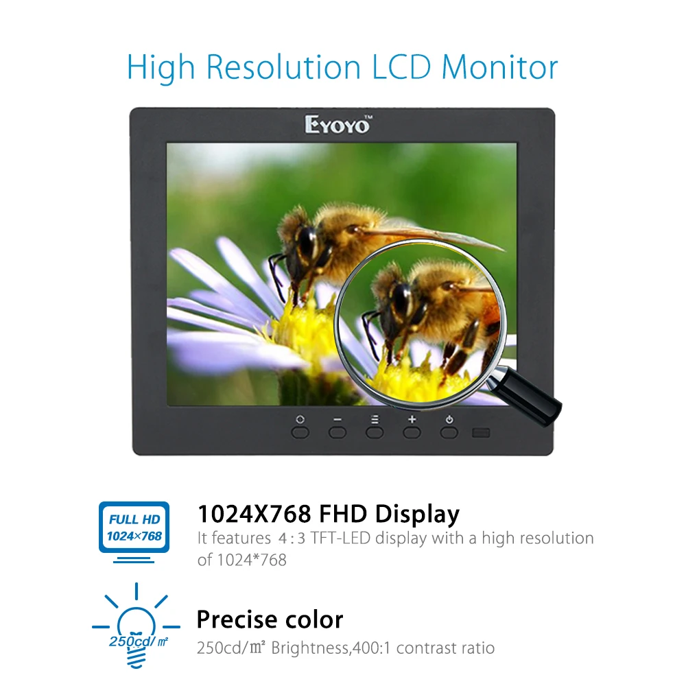 Eyoyo S801C 8 inch LCD HD Screen Security CCTV Monitor 1024x768 with VGA BNC AV HDMl Ypbpr Input Display for VCD DVD PC