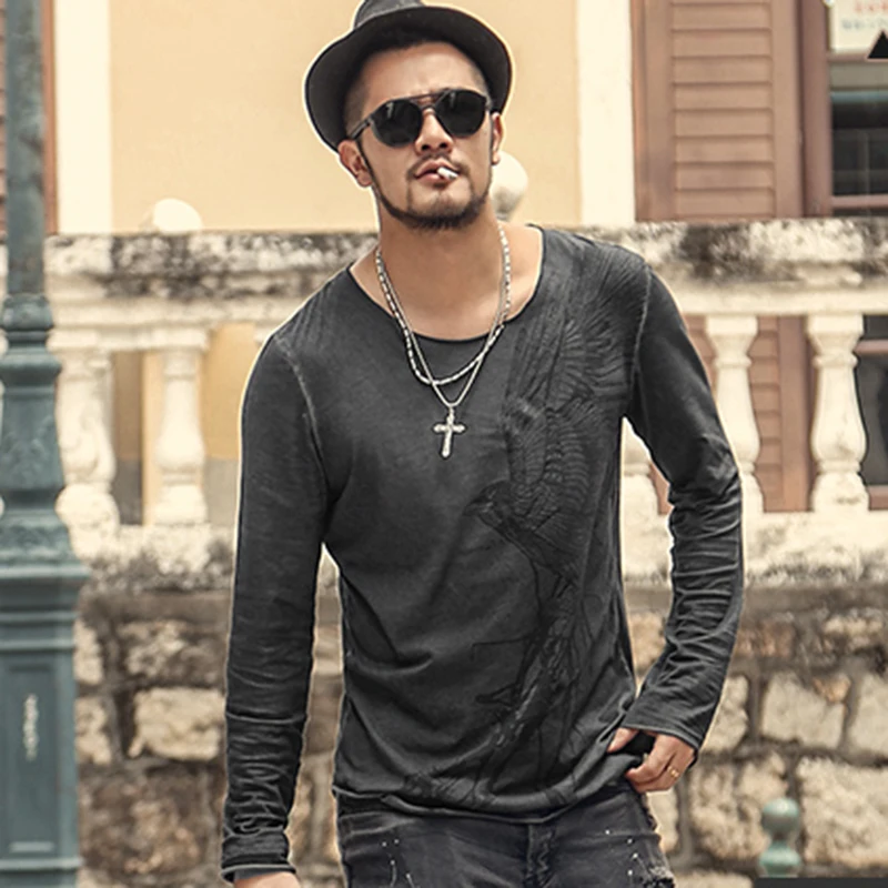

Men Autumn Slim Retro Washed Long Sleeve Casual O Neck T-shirt Men New Eagle Printed Cotton European Style Winter Top Tees T926