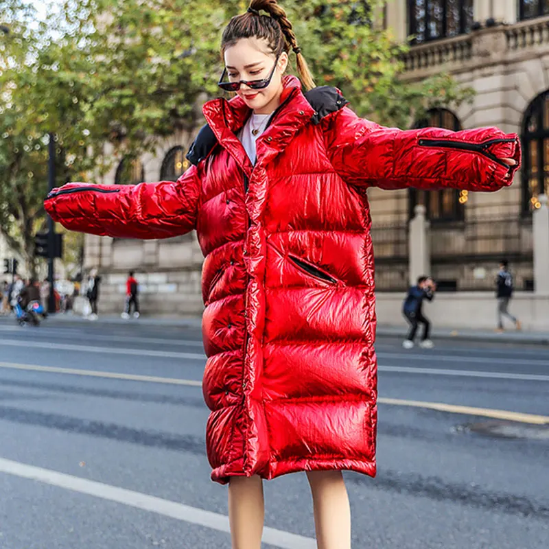 Зимняя модная женская пуховая хлопковая куртка, глянцевая теплая парка, длинное плотное пальто с капюшоном, женская уличная одежда с длинным рукавом 173 - Цвет: red