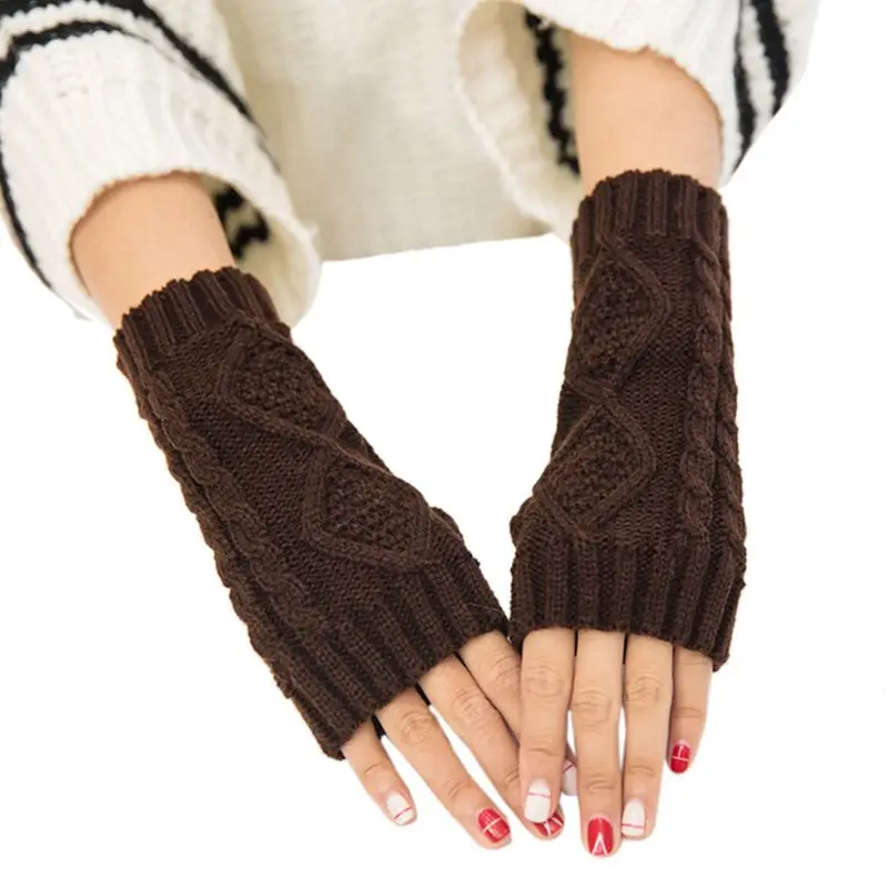 Для женщин Девушки Твердые Цвет зимние длинные перчатки без пальцев ромбической ребристые трикотажные запястье варежки студент написание