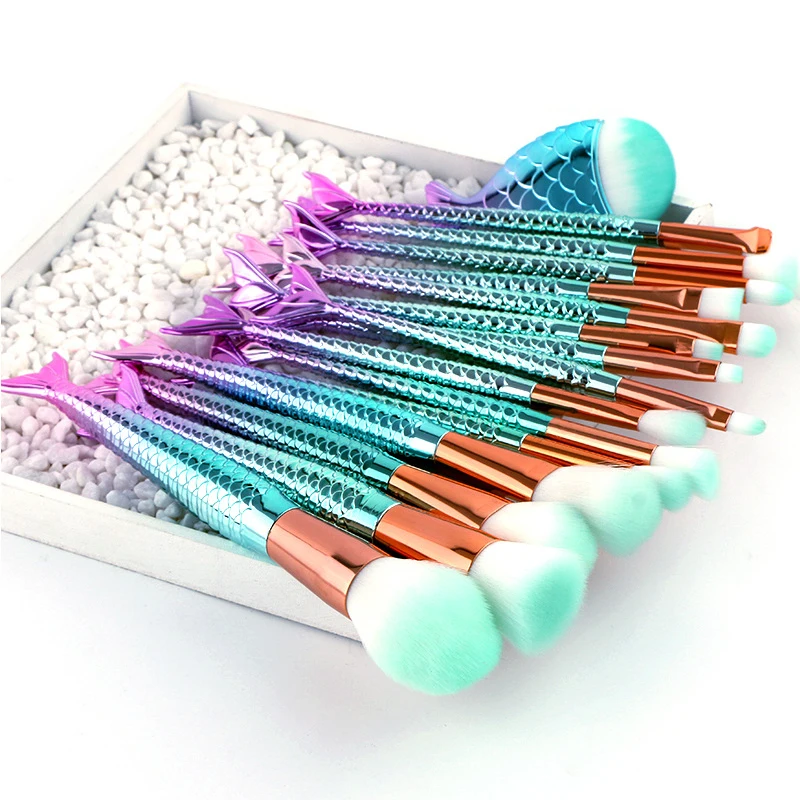 Продажа 16 шт. Русалка набор кистей для макияжа рыбий хвост Фонд Румяна кисти для теней, лица Смешивание Косметические макияж комплект инструментов ...