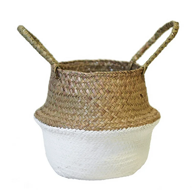 Garden Plant Flower Pot Handmade Rattan Storage Basket Foldable Seagrass Straw Hanging Woven Handle Toy Storage Container 1Pc