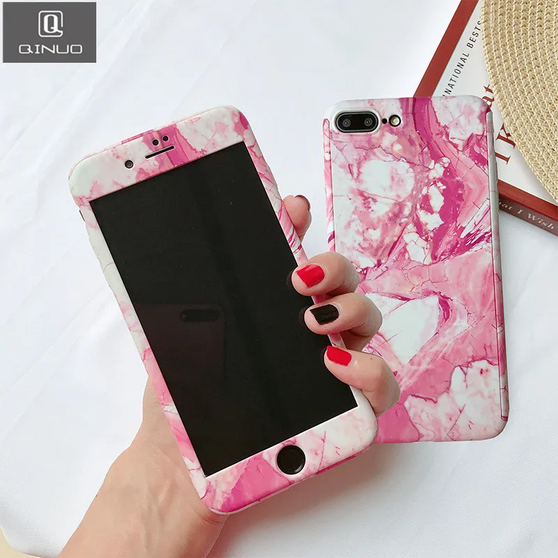 

QINUO Marble Phone Case For iPhone X XR XS Max 360 Degree Full Cover For iPhone 6 6S 7 8 Plus 5 5s SE Ultra thin Capa With Glass