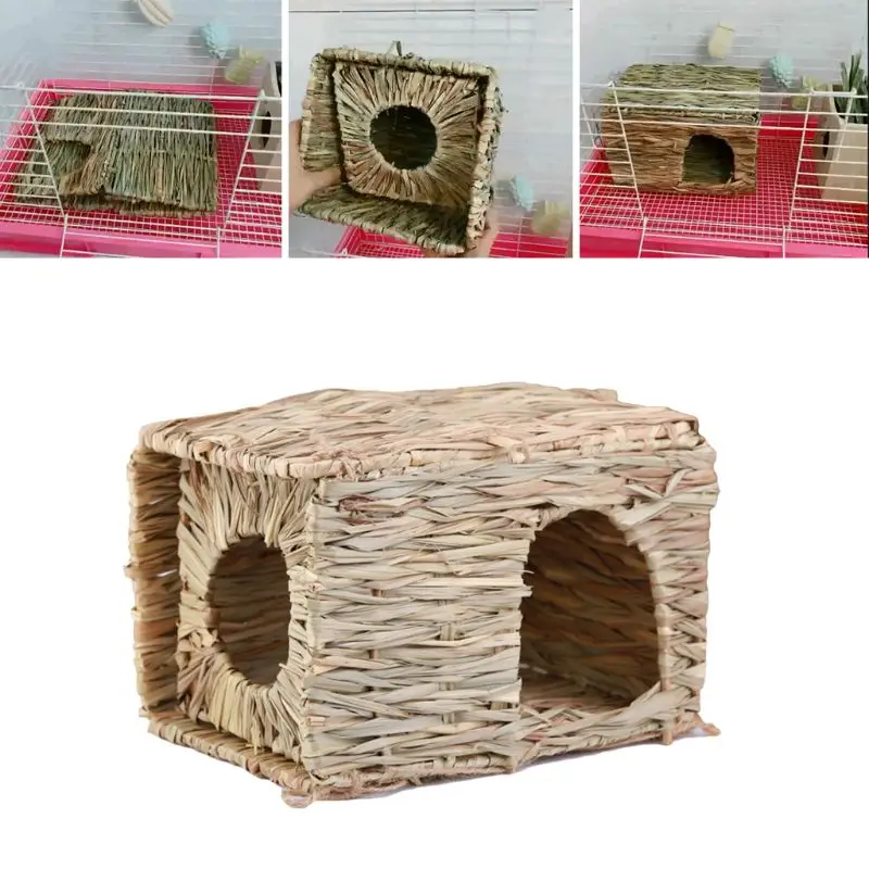 Natural Folding Straw House Thatched Cottage DIY Rabbit Hamster Hedgehog Guinea Pig Chew Toys Handmade Grass