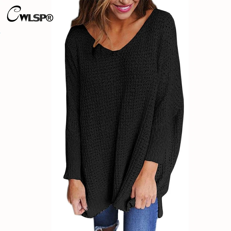 CWLSP Autumn Winter Women V neck Knitted Sweater Loose Long Sleeve Side Split Pullovers  QZ2334