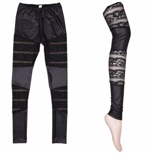 ribbed leggings Fashion Rock Gothic Black Lace Rose Floral Pattern Hollow Stitching Leggings Rock Punk Stylish Slim PU Leather Pants For Women aerie crossover leggings