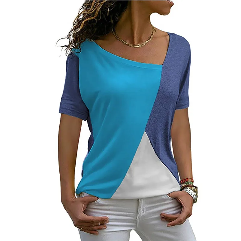 

2019 New Summer Short Sleeve Casual Women T-Shirts irregular Neck Patchwork Loose Tops Tees Streetwear Fashion T-Shirt Pullovers