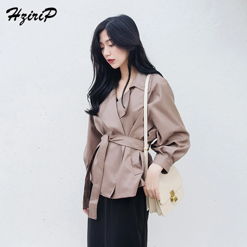 Hzirip 2018 Autumn Korea Fashion Women Motorcycle PU Leather Lapel Jackets Female Sashes Short Coat Hot Solid 4 Colors Outwear | Женская