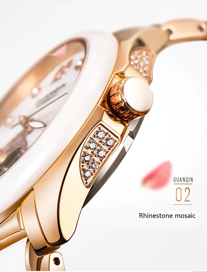 GUANQIN Ceramic Women Watch Automatic Mechanical Watches Hollow Waterproof Watch Ceramic Watch Strap Rhinestone Shell Pattern  (11)
