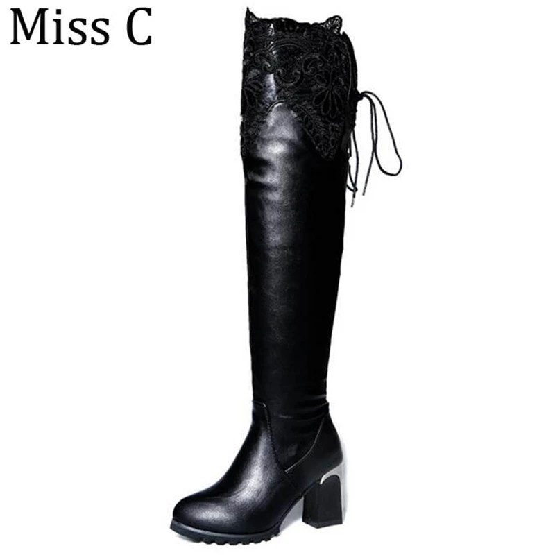 2017 Lace Cuff Thigh High Boots Women Thick Heeled Motorcycle Riding