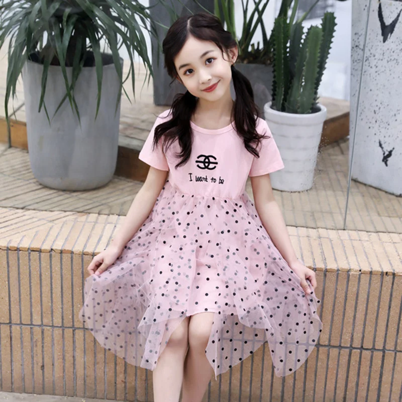 

HSSCZL Girls dresses 2019 new kids girl dress party princess summer short-sleeve Mesh fashion pink clothes Lace Pretty sweet4-14