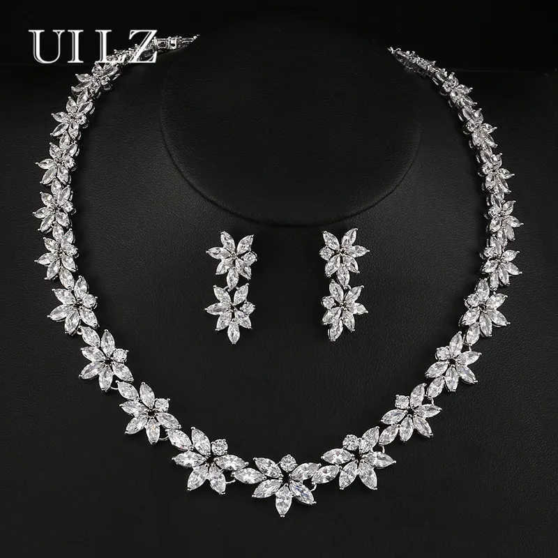 

UILZ Sparkly Rhinestone CZ Bridal Jewelry Sets For Women Flower Shape Earrings Necklace Set Wholesale Jewelry US131