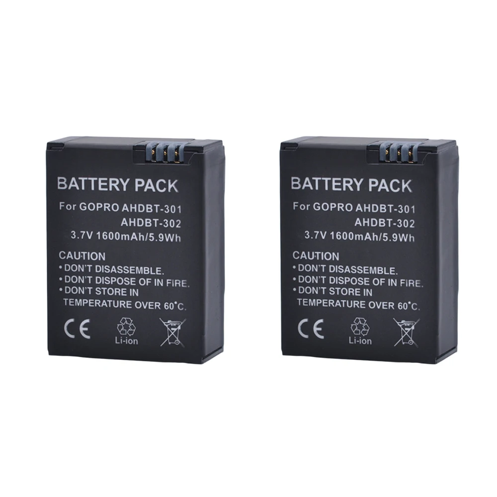 2Pcs 1600mAh Go Pro HERO 3+ Batteries AHDBT 301 AHDBT 302 Battery for