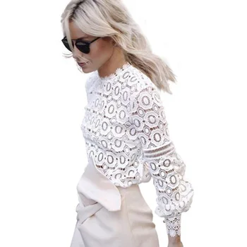 Elegant Floral Lace Blouse Shirt Women Lantern Sleeve White Blouse 2017 Spring Hollow Out Short Top Blouse blusas plus lace panel floral blouse