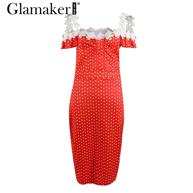 Glamaker, сексуальное женское платье миди в горошек, весна-лето, элегантное облегающее платье, женское Клубное платье с коротким рукавом-фонариком, Пляжное Платье для вечеринки - Цвет: Красный