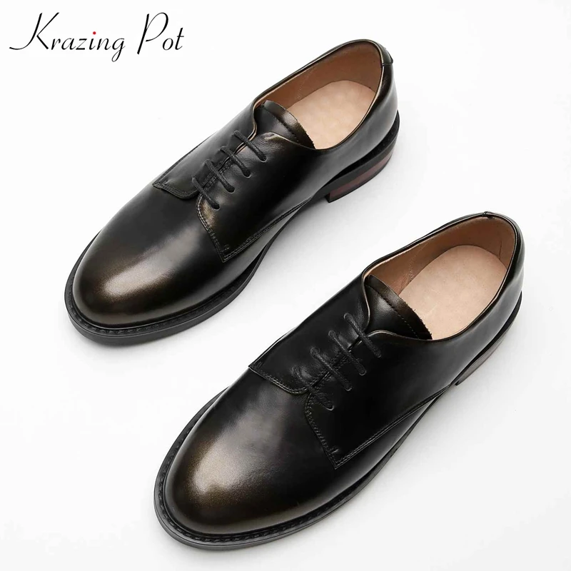 

Krazing pot genuine leather round toe thick low heel European Autumn model runway gradient color preppy style oxford shoes l81