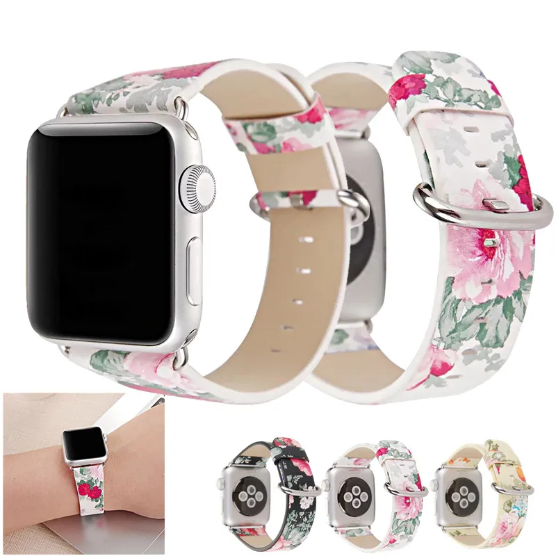 

For Apple Watch Band 38mm 42mm Soft PU Leather Floral Flower Pastoral Strap Wrist Band For iWatch Series 3 Series 2 Series 1