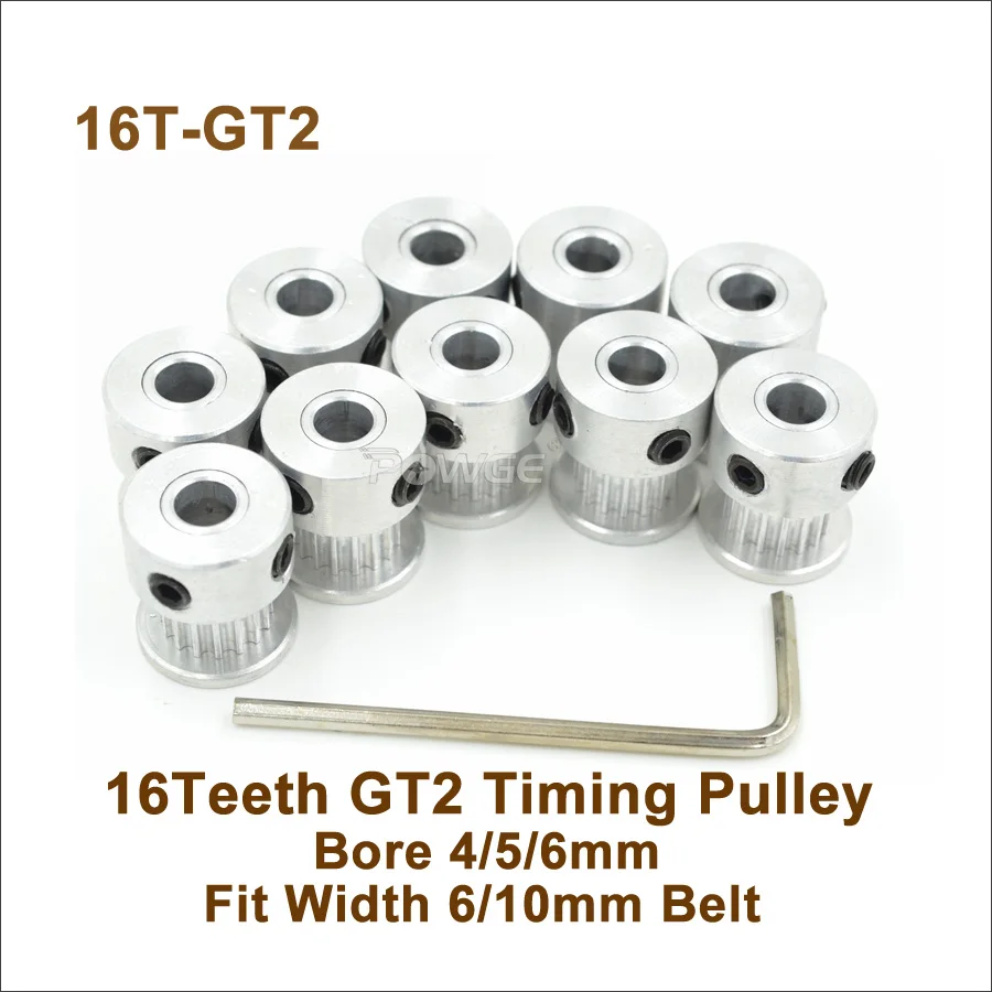 

POWGE 10pcs 16 Teeth 2GT Timing Pulley Bore 4/5/6mm Fit Width=6/10mm 2GT Synchronous Belt 16T 16Teeth GT2 Timing Belt Pulley