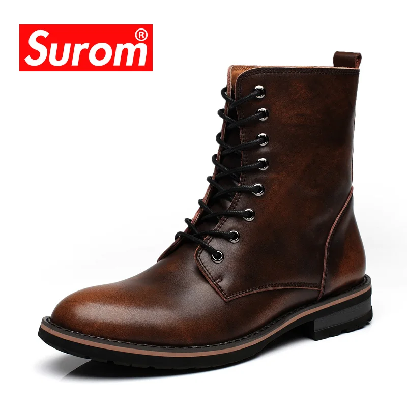 

SUROM Men's Motorcycle Boots Vintage Style Lace up Mid Calf Combat Boots Winter Warm Casual Shoes