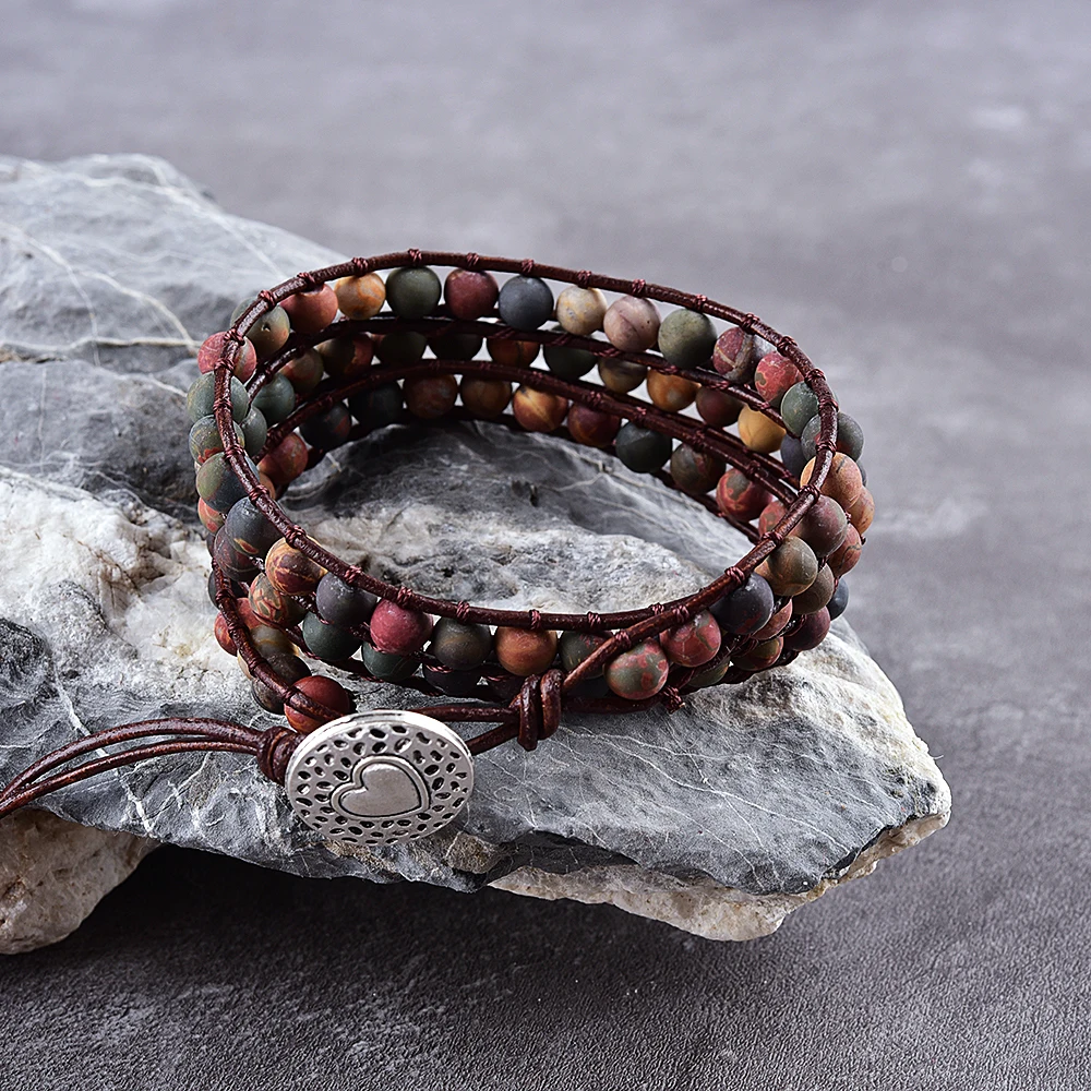 

Asingeloo Red Turquoise Natural Stone Beads Handmade Leather Bohemia 3 Strand Wraps Vintage Jewelry Bracelelts for Women