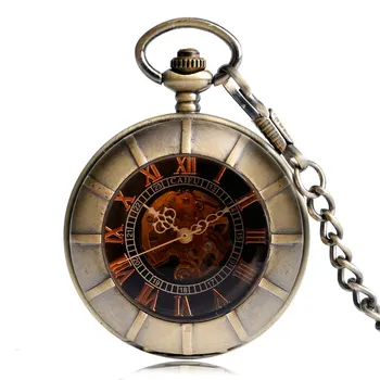 

Vintage Pocket Watch Transparent Steampunk Double Open Hunter Gear Mechanical Hand Wind Fob Time Hours With Chain Pendant Gift