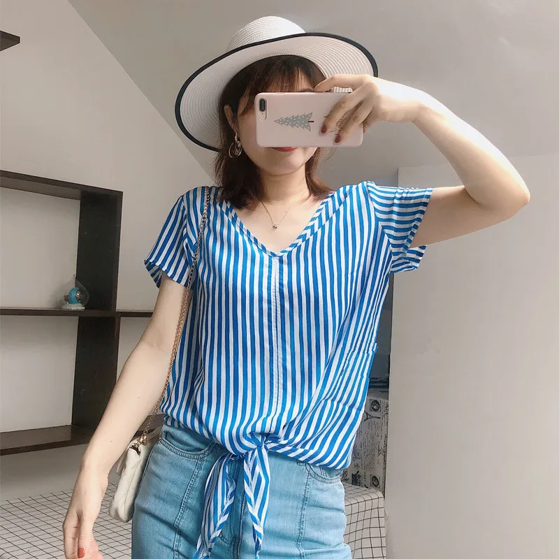 

Summer Female Silk Blouse 100% Natural Silk Tops and Blouses Women's O neck short Sleeve Silk Work office Striped Blusas