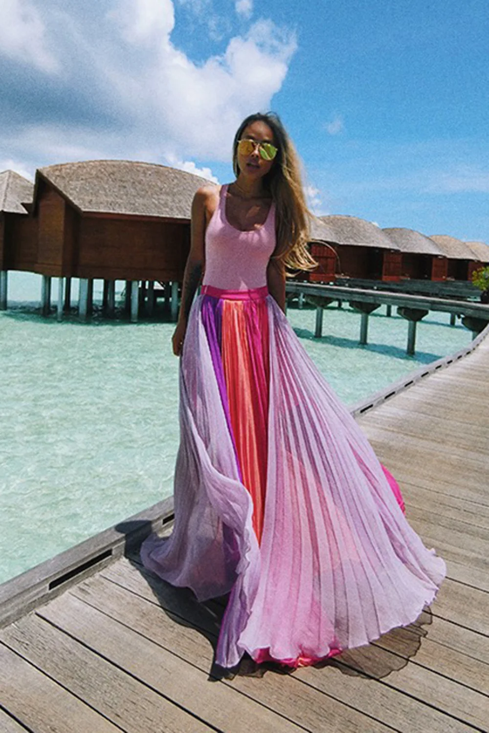 Beach Dress Tunic Saida De Praia Bikini Women Cover Ups Swimwear Dresses Wear Summer Purple White Pink Spliced Length Skirt