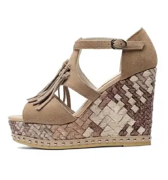 

BONJEAN Fashion Platform Wedge Sandals for Woman Sexy Peep Toe Suede Fringed T-strap Shoes Summer Cutouts Buckle Strap Shoes