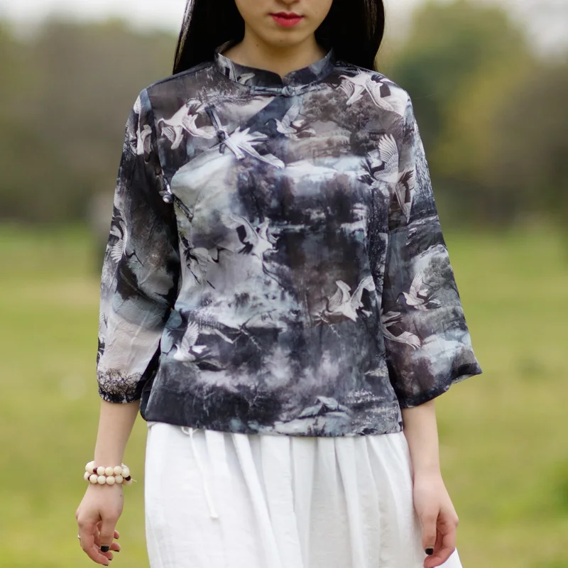 SCUWLINEN женский топ Лето Осень футболка для женщин китайский стиль винтажный принт пластина кнопка женские повседневные рубашки S92