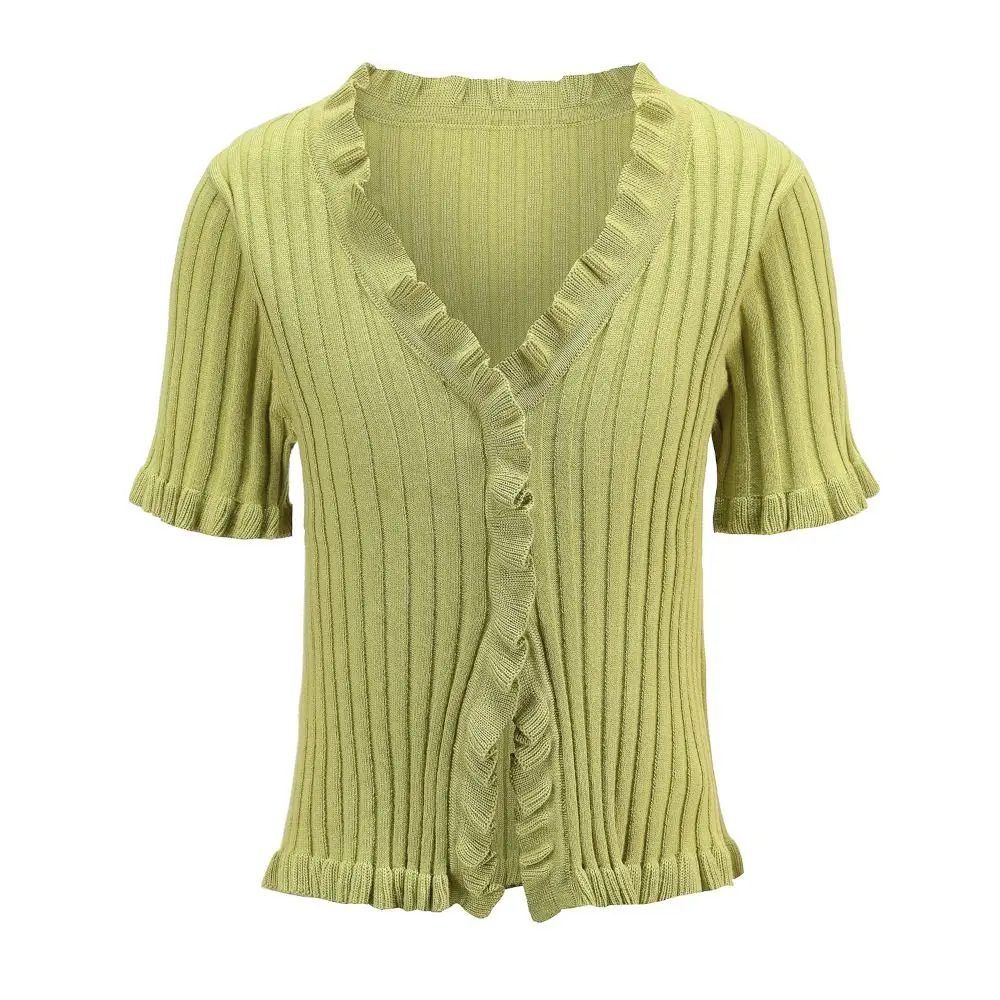 BRADELY Мишель Для женщин модные рубашки с короткими рукавами кардиганы с оборками свитера с Однобортный большие эластичные трикотажные укороченные топы - Цвет: G