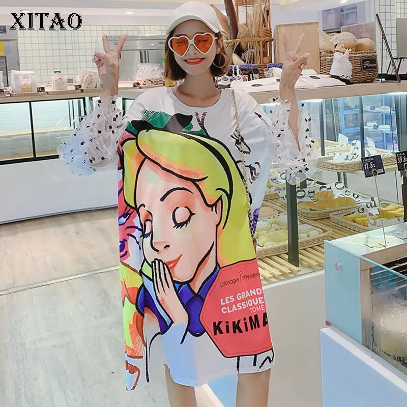 

[XITAO] Women 2019 Summer New Korea Fashion O-neck Full Sleeve Loose Dress Female Patchwork Cartoon Pattern Dress ZQ1898