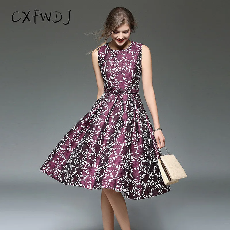 CXFWDJ 2018 Summer Vintage New Satin Printing Round Neck Sleeveless Jacquard Waistband Waist Big Swing Women's Clothing Dresses