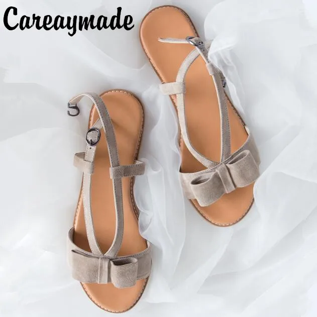 

Movland-Summer new Kid suede Sheep leather Fltas shoes,Butterfly-knot simple small fresh pure handmade Japanese sandals