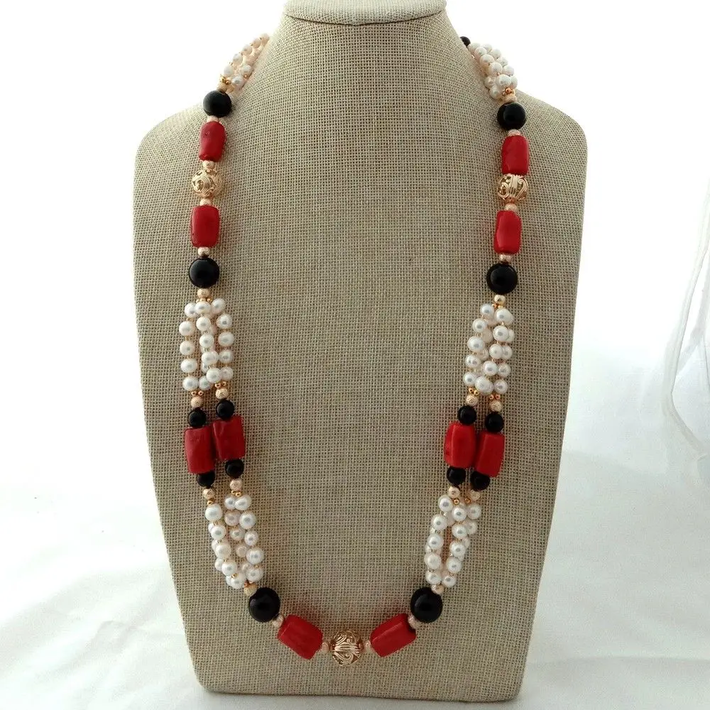 

Women's 30'' Pearl Coral Long Necklace White Pearl Onyx