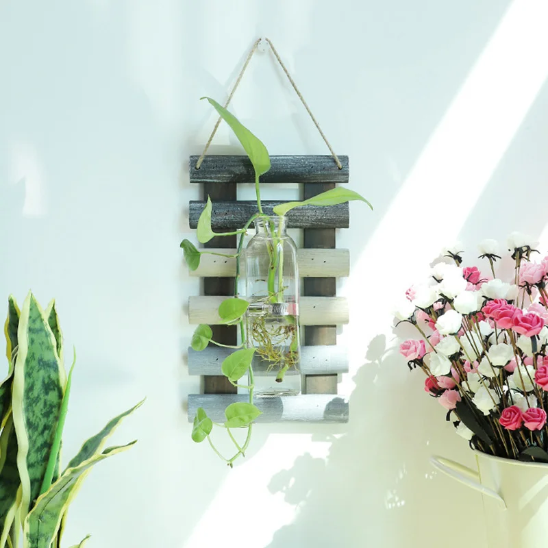 Ретро деревянный гидропонный завод стеклянный контейнер кулон Настенный Цветок композиция Цветочная ваза украшение для домашнего балкона