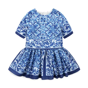 

Roimyal Wholesale free shipping Blue and White Porcelain Spliced Short-sleeved Dresses for Chinese Wind Girls