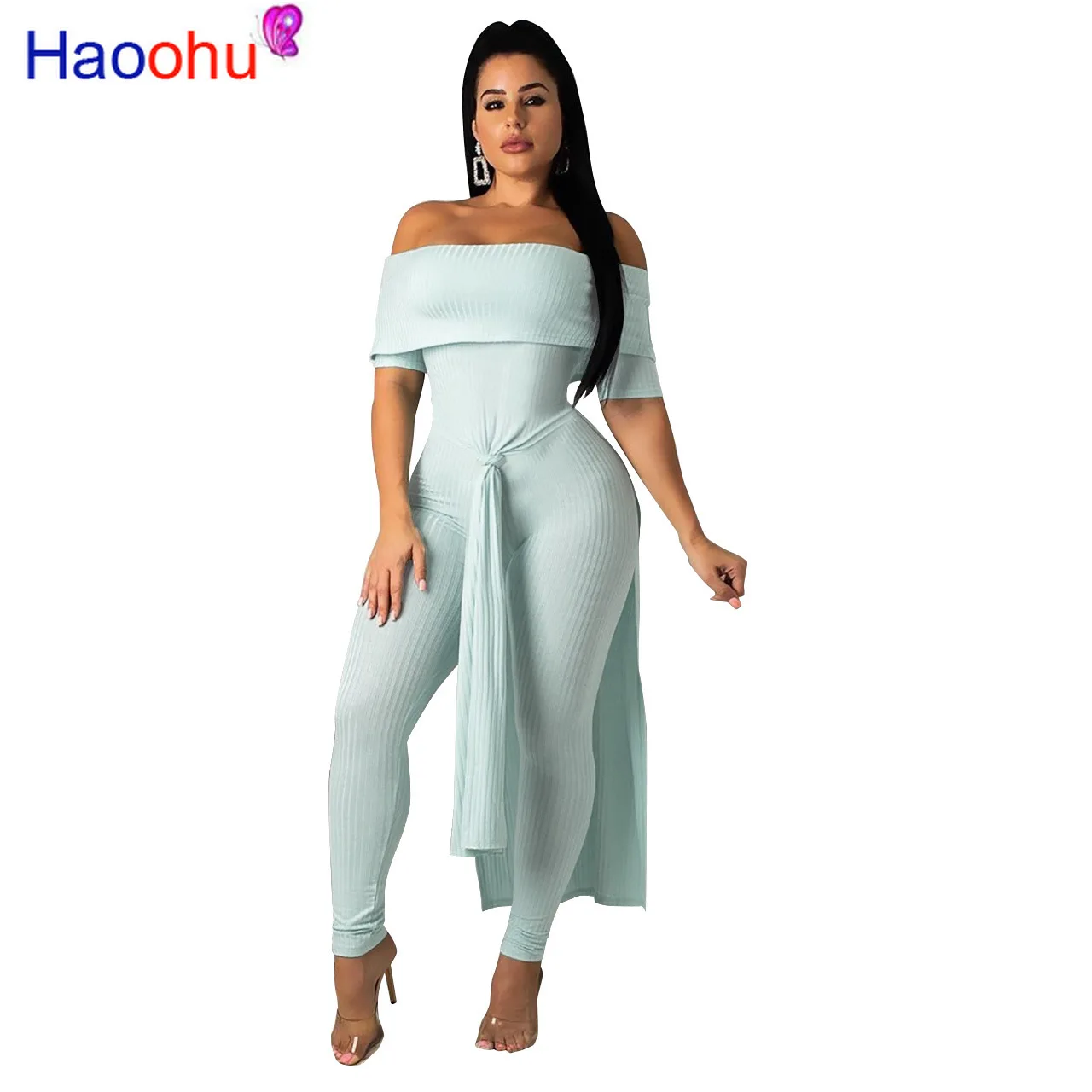 

Knitted Off Shoulder Summer Jumpsuit Woman Slash Neck Short Sleeve High Side Split Playsuit Solid Color Overalls Plus Size XXL